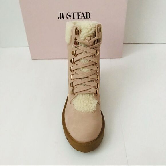 New! JustFab Faux Suede Sherpa Cuff Hiker Lace Up Wedge Winter Boots Booties - Picture 9 of 16